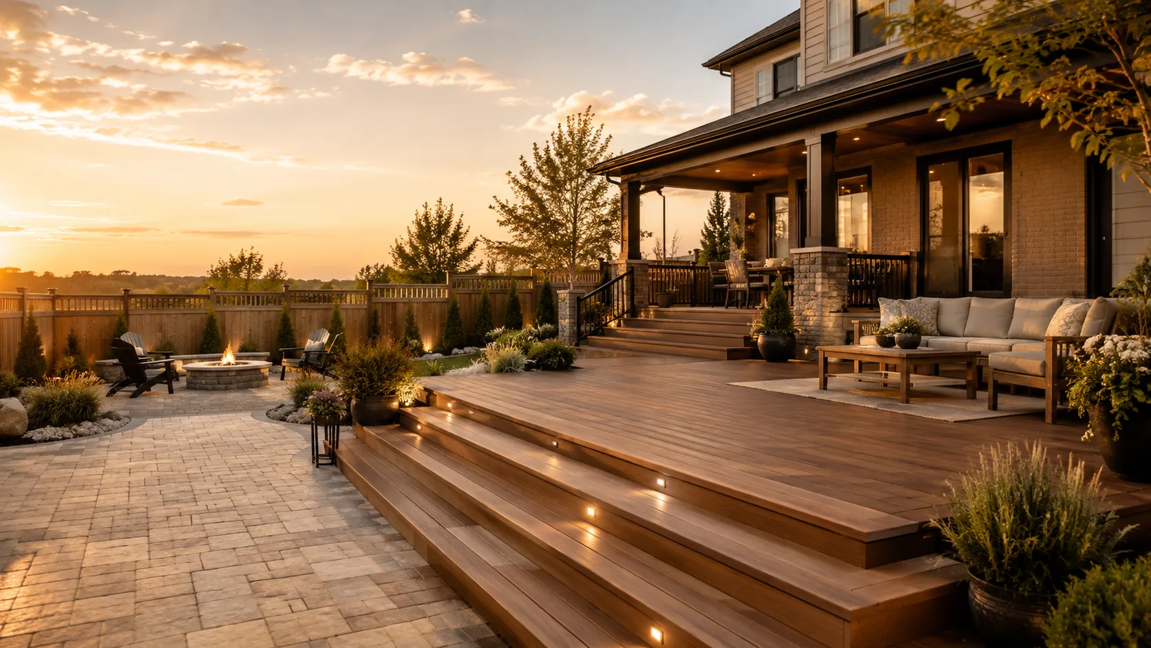 Illustrative image of a finished backyard at golden hour: a multi-level deck with step lighting, a covered porch, an interlock patio and a fire pit